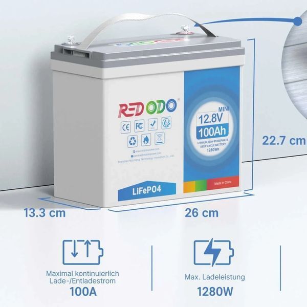 Redodo 12.8V 100Ah Mini 1280Вт&bull;г LiFePO4 Літієва акумуляторна батарея FRT-18258 фото